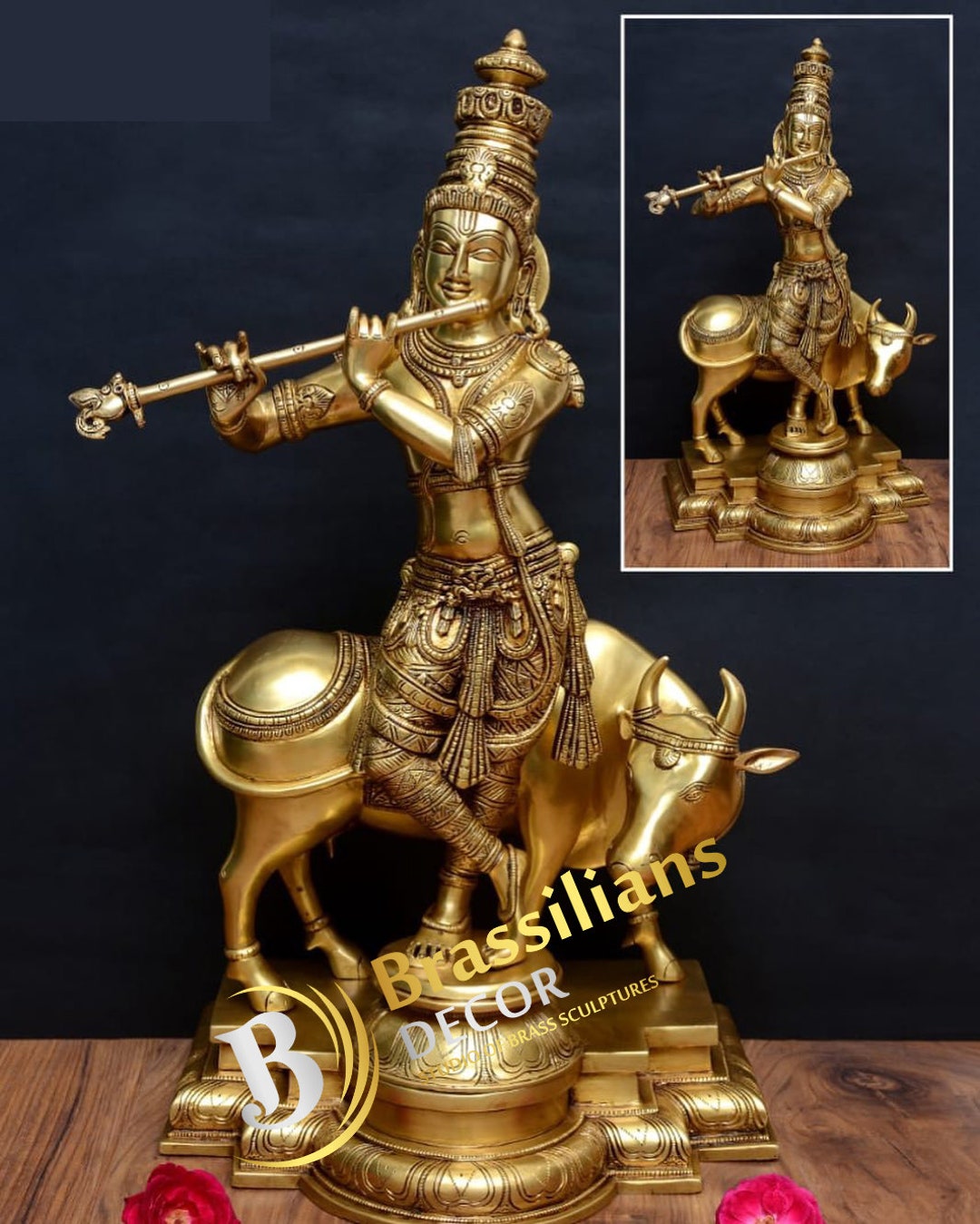 Brass Krishna With Cow Standing Playing Flute Idol Statue Etsy