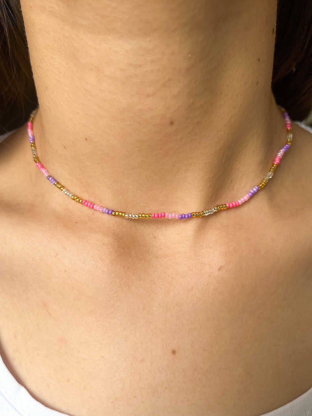 Tiny Bead Necklace for Woman Seed Bead Necklace Handmade Beaded Small