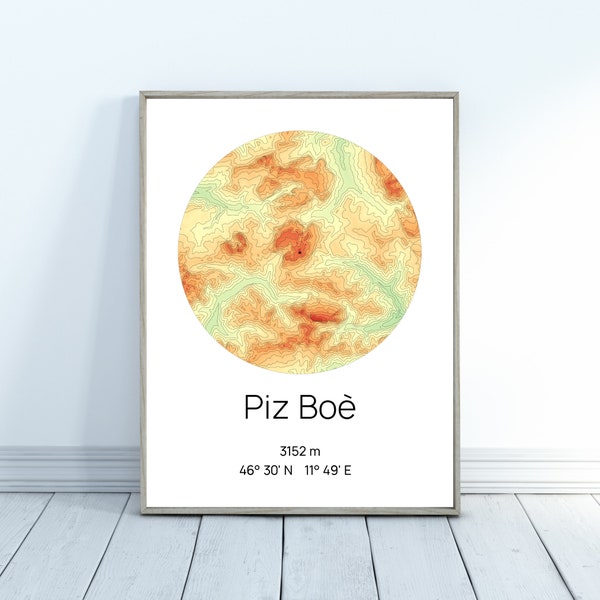 Piz Boè Spectral Karte, Grafen Kreis Karte, Wandkunst, Digitaler Download, Poster, Jubiläumsgeschenk, Alpen Frankreich Italien Europa Boe