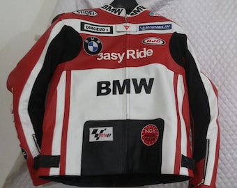 Men BMW Motorbike Racing Leather Jacket Red & White Available in