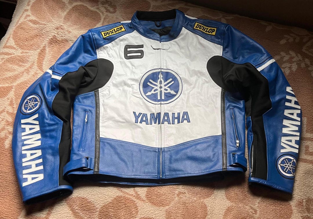 YAMAHA Men Motorbike Racing Leather Jacket Blue & White Available