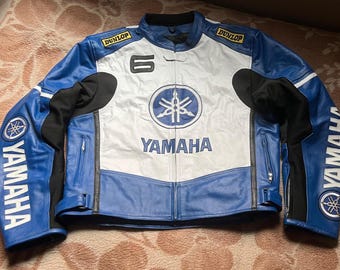 YAMAHA Men Motorbike Racing Leather Jacket Blue & White Available All Sizes
