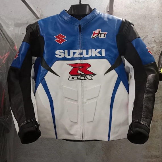 Giacca da corsa in pelle da moto Suzuki da uomo blu e bianca disponibile in tutte le taglie Etsy Italia