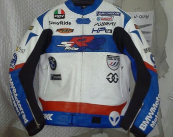 Men BMW Motorbike Racing Leather Jacket Blue & White Available All Sizes
