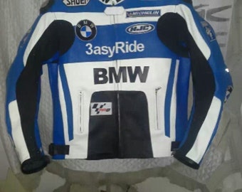 Men BMW Motorbike Racing Leather Jacket Blue & White Available All Sizes