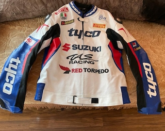 Men Suzuki Motorbike  Leather Racing Jacket Blue & White Available Size XL.