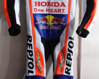 Honda Men Motorbike One Piece Leather Racing Suit Red & White available all sizes Small to 3XL