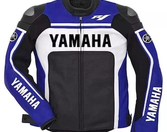 YAMAHA Men Motorbike Racing Leather Jacket Blue & Black Available All Sizes Men's clothing