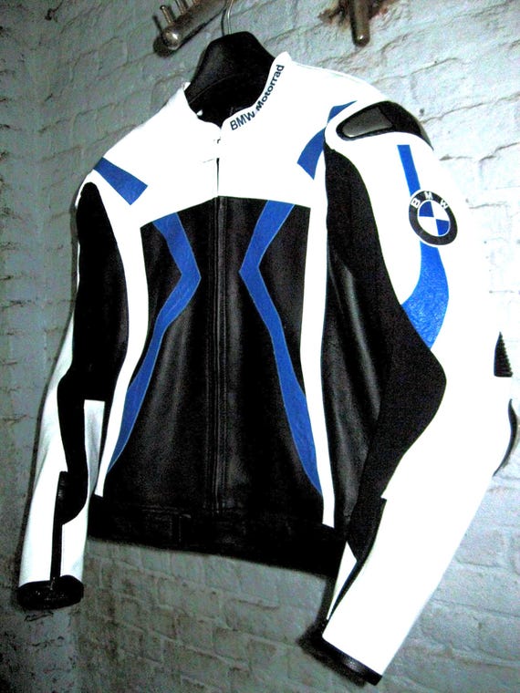 Men BMW Motorbike Leather Racing Jacket Blue & White