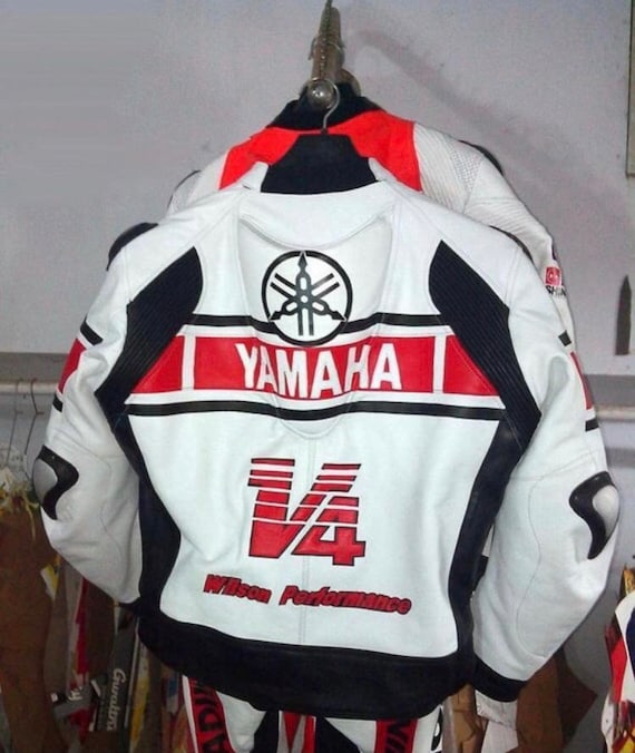 YAMAHA Men Motorbike Racing Leather Jacket Red & White Available