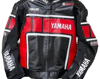 YAMAHA Men Motorbike Leather Racing Jacket Red & Black Available All Sizes