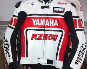 YAMAHA Men Motorbike Racing Leather Jacket Red & White Available All Sizes