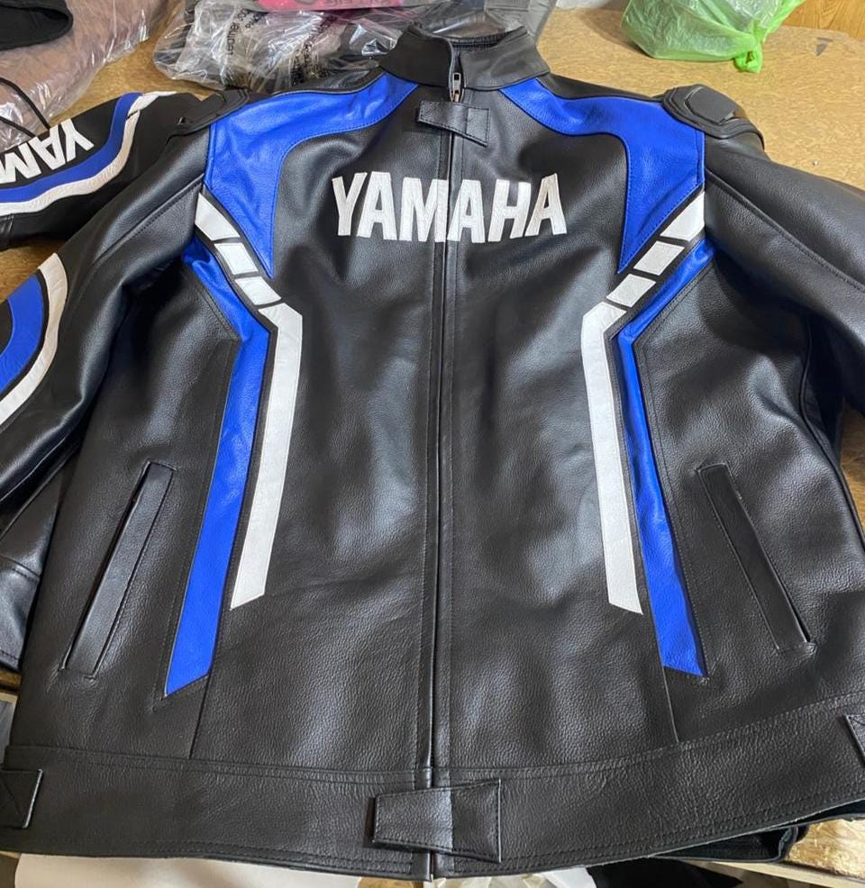 YAMAHA レーシングジャケット 青黒 YAMAHA Men Motorbike Racing Leather Jacket Black & Blue Available