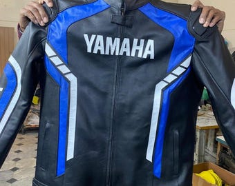 YAMAHA Men Motorbike Racing Leather Jacket Black & Blue Available All Sizes