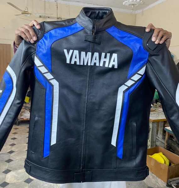 YAMAHA Men Motorbike Racing Leather Jacket Black Blue Available