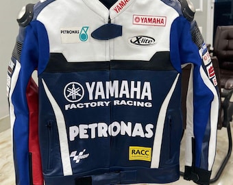 YAMAHA Men Motorbike Racing Leather Jacket Blue White Available