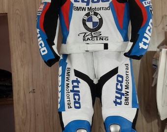 Men's BMW Tyco Leather Motorcycle Racing Suit - Blue & White