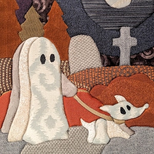 Cute Ghost Dog Walk Fabric Wall Art | Handmade Upcycled Kinusaiga Textile Decor