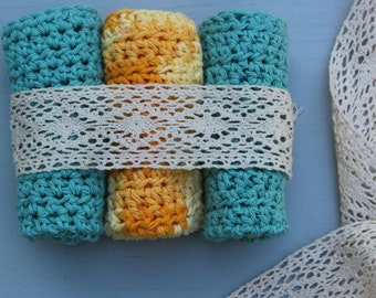 Crocheted dish cloths, Sea Green and Yellow- Sunflower Meadow set of 3, 100% cotton, kithen dish cloth, bathroom washcloth