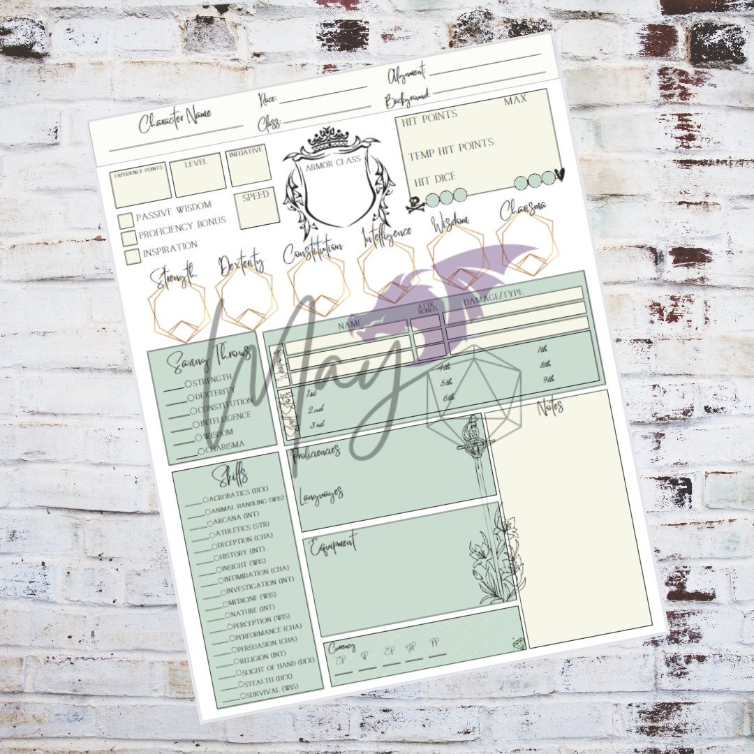 Green D&amp;D Spellcaster Character Sheet - Etsy