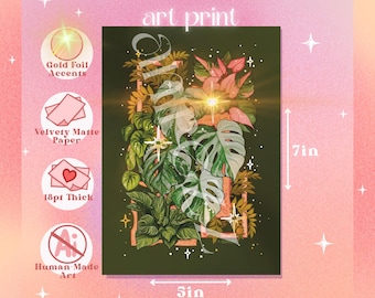 Plant Gallery - 5x7 Gold-foiled Art Print - Small Space Original Design Wall Art, Ethereal Houseplants Painting