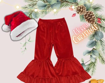 Red Velvet Ruffle Girls Bell Bottom Pants