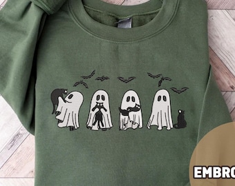 Embroidered Ghost Cat Sweatshirt: Spooky Halloween Tee, Fall Graphic Top