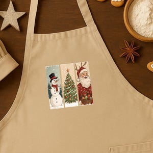 Vintage Christmas Apron Snowman Tree Santa Holiday Baking Apron Festive Kitchen Gift Retro Holiday Apron Christmas Cooking Outfit