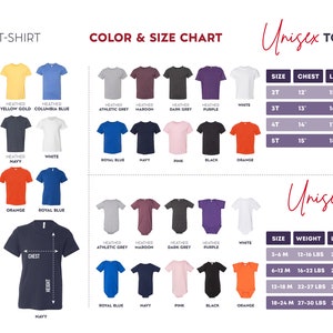 May include: Size chart for unisex youth, toddler, and baby clothing. The chart shows different sizes and corresponding chest and height measurements for youth t-shirts, chest and length measurements for toddler t-shirts, and weight and length measurements for baby onesies.