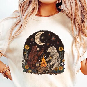 Comfort Colors® Campfire Bear Shirt, Cozy Nature Tee, Moonlit Forest Graphic Shirt, Boho Outdoor Adventure Top, Stargazing Bears Shirt