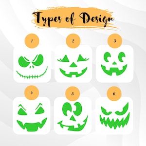 May include: A graphic showing six green jack-o'-lantern face designs on a white background. The text "Types of Design" is written above the images. Each design is numbered with a small orange circle. Halloween theme.