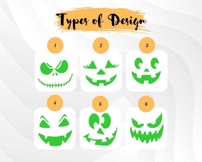 May include: A graphic showing six green jack-o'-lantern face designs on a white background. The text "Types of Design" is written above the images. Each design is numbered with a small orange circle. Halloween theme.