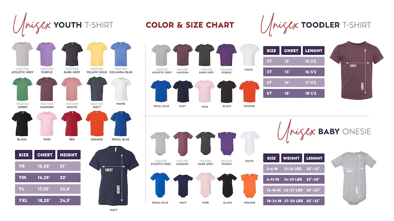 May include: Color and size chart for unisex youth t-shirts, toddler t-shirts, and baby onesies. The chart includes measurements for chest and height in inches, and weight and length for baby onesies.