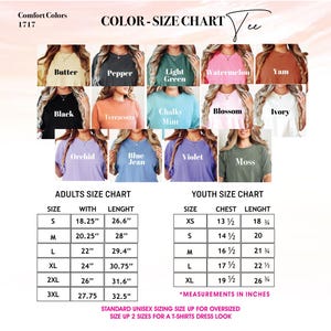 The image is a color-size chart for a t-shirt design, displaying various color options and corresponding sizes for both adults and youth.