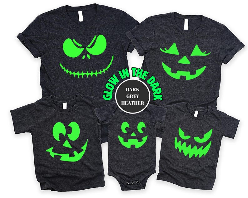 glow pumpkin shirt, halloween matching, jack o lantern face, spooky family shirt, glow in dark tee, halloween tee set, family costume tee, matching pumpkin top, dark grey tee set, halloween graphic, trick or treat outfit, pumpkin glow shirt, halloween night top