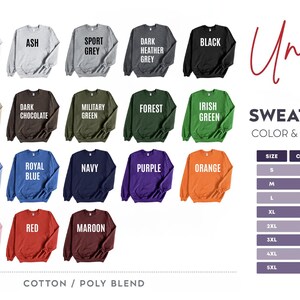 The image is a color and size chart for a collection of sweatshirts, displaying various colors and sizes.