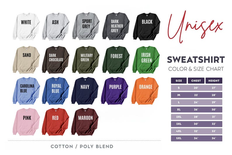 The image is a color and size chart for a collection of sweatshirts, displaying various colors and sizes.