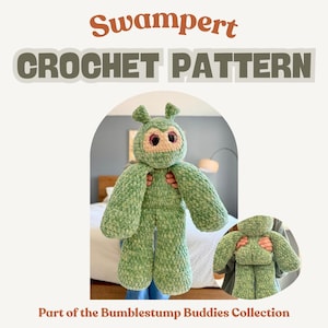 Könnte beinhalten: Ein hellgrünes Plüschtier mit strukturierter Garnoberfläche, großen dunklen Augen und zwei kleinen Antennen. Der Text lautet Swampert CROCHET PATTERN und Part of the Bumblestump Buddies Collection. Das Spielzeug hat lange Arme und weich.