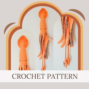 Puede incluir: Patrón de crochet para un calamar naranja grande con rayas blancas y negras. El patrón incluye instrucciones para hacer el cuerpo, los tentáculos y los ojos del calamar.