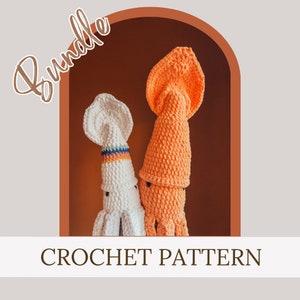 May include: A crochet pattern bundle featuring two amigurumi squid, one orange and one white. The orange squid has a textured surface and the white squid has a striped pattern around its head. The text "Bundle" is written in a stylized font above the squids.