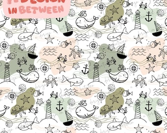 By The Sea - Green with Striped Coordinate Sea Animals Seamless Pattern Digital Download