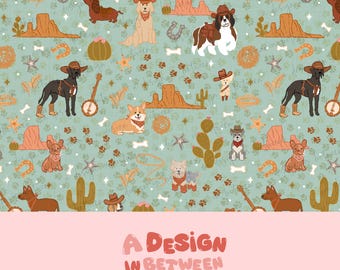 Archivo de descarga digital con patrón sin costuras de perro y huella de pata de Wau Wau West en color verde azulado de estilo western.