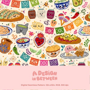 Può includere: Un motivo continuo con illustrazioni colorate a tema messicano che includono tacos, maracas, peperoncini, avocado, ciotole di cibo e striscioni di papel picado. Ogni elemento ha un viso carino. Il testo A DESIGN IN BETWEEN è visibile.