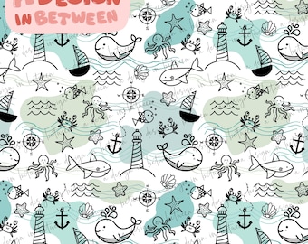By The Sea - Blue with Striped Coordinate Sea Animals Seamless Pattern Digital Download