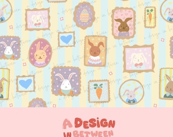 Easter Bunny Family Portraits with Striped Coordinate Seamless Pattern Digital Download File