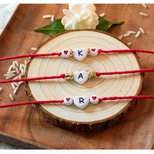 Personalized Initial Rakhi Heart Charm Letter Rakhi Unique Handmade Cotton Thread Rakhi for Brother Letter Rakhi Bracelet Custom Kids Rakhi
