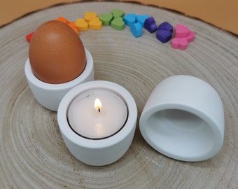 Eierbecher oder Kerzenhalter für Teelicht / Kerzenständer rund / Mitbringsel Raysin / Geschenk schlicht / Tischdeko weiß / Ostern Osterdeko