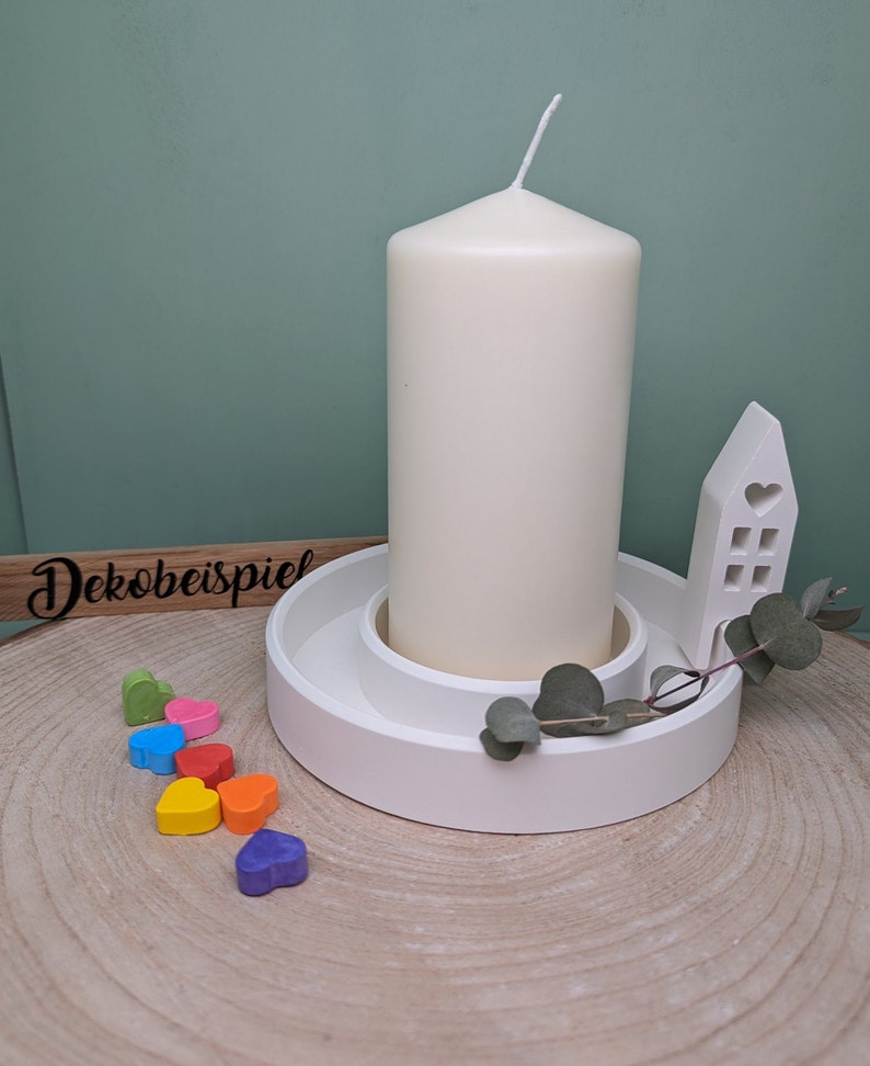 Kerzenhalter Stumpenkerze weiß 14cm für Blockkerzen / Kerzenteller aus Raysin groß schlicht rund / Kerzenständer Mitbringsel oder Geschenk Bild 6