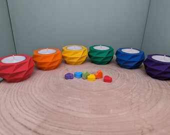 Rainbow tealight holder low poly incl. 6 tealights / colorful LGBTQ rainbow geometry tealight decoration / PLA plastic 3D printing