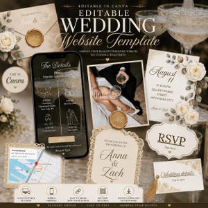 May include: An editable wedding website template set featuring cream-coloured stationery with floral accents, a smartphone displaying event details, a map, and RSVP buttons. Text includes "Editable Wedding Website Template," "Anna & Zach," and "August 11."